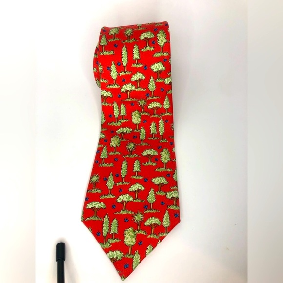 Hermes Red Tie with Green and Blue Tree Pattern W/Original Hermes box - Picture 2 of 10